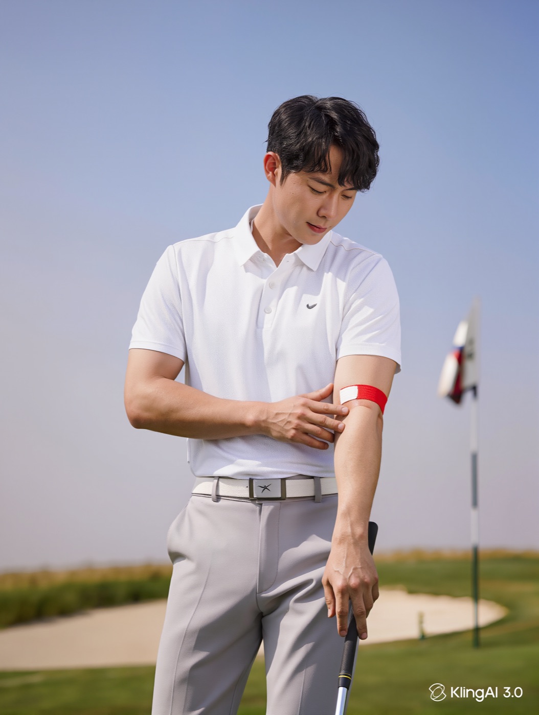 Golfer checking a red elbow support band on his forearm on the course