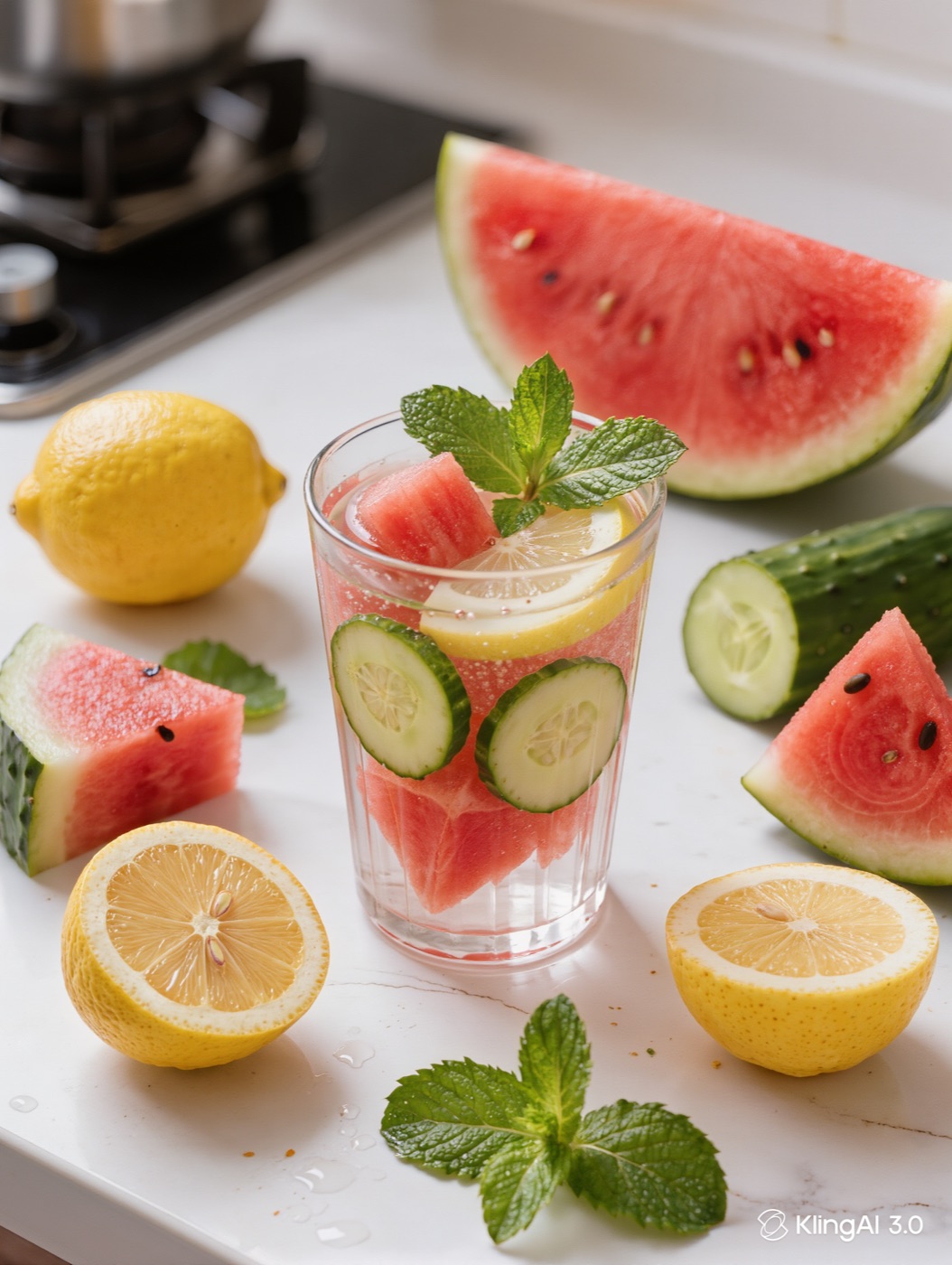 Overhead flat-lay of infused water with cucumber, lemon, and mint alongside fresh summer fruit