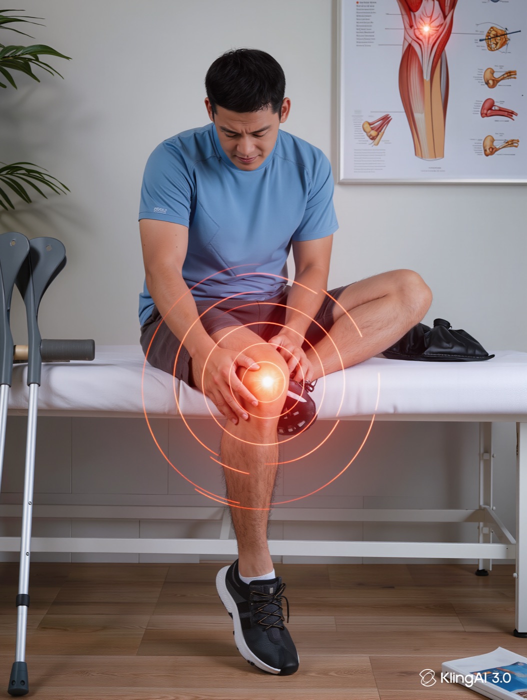 Person holding a painful knee in a clinic beside crutches and an anatomy chart
