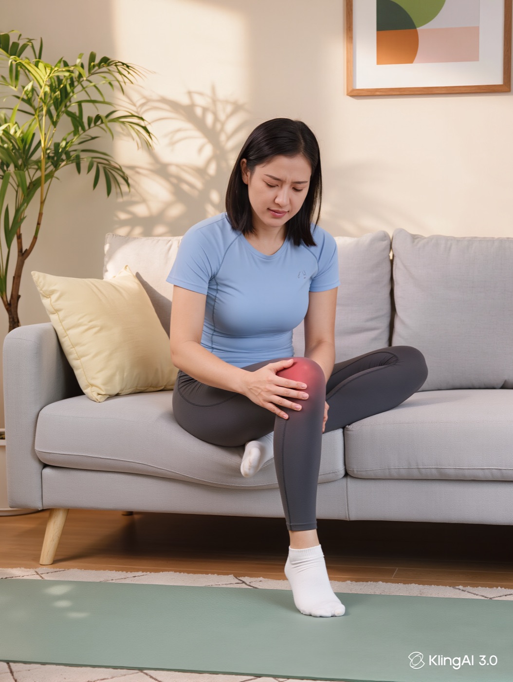 Woman in activewear sitting at home holding her sore knee