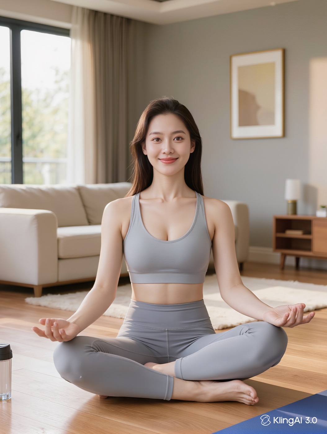 Woman in activewear sitting on a mat ready for an at-home Pilates session