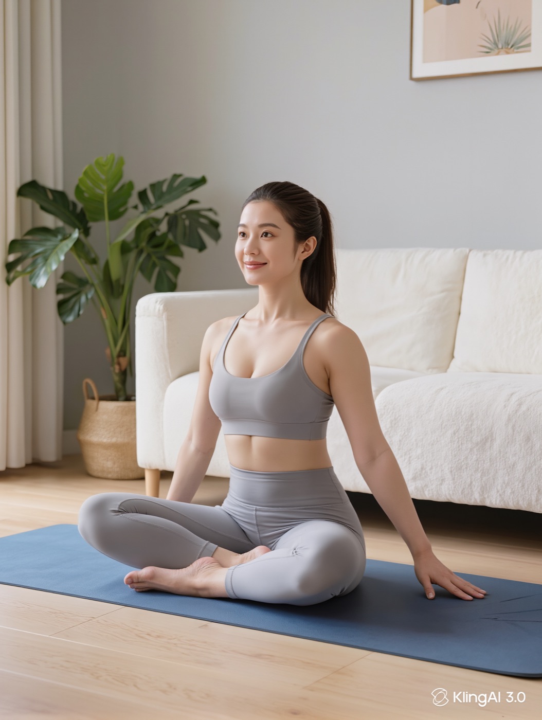 Woman in fitted activewear seated on a mat during an at-home Pilates workout