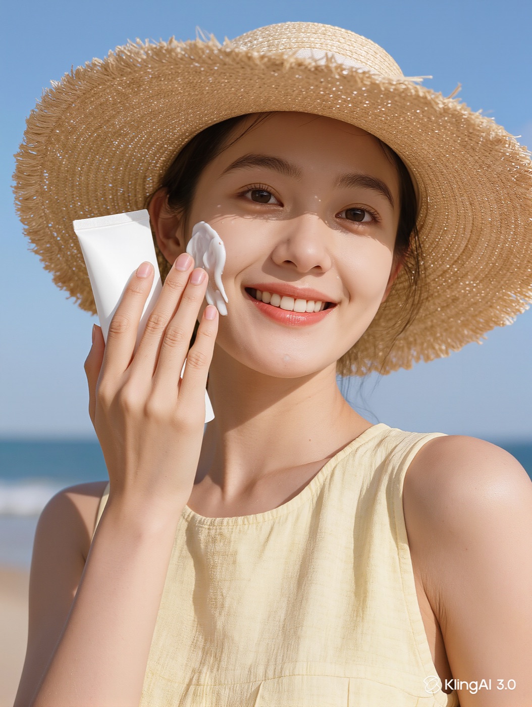 Woman applying sunscreen to her face at the beach on a sunny day, wearing a wide-brim hat