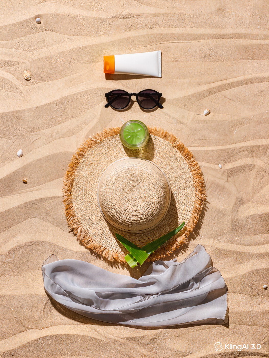 Flat-lay of sun-protection essentials including sunscreen, sunglasses, a wide-brim hat, and aloe gel