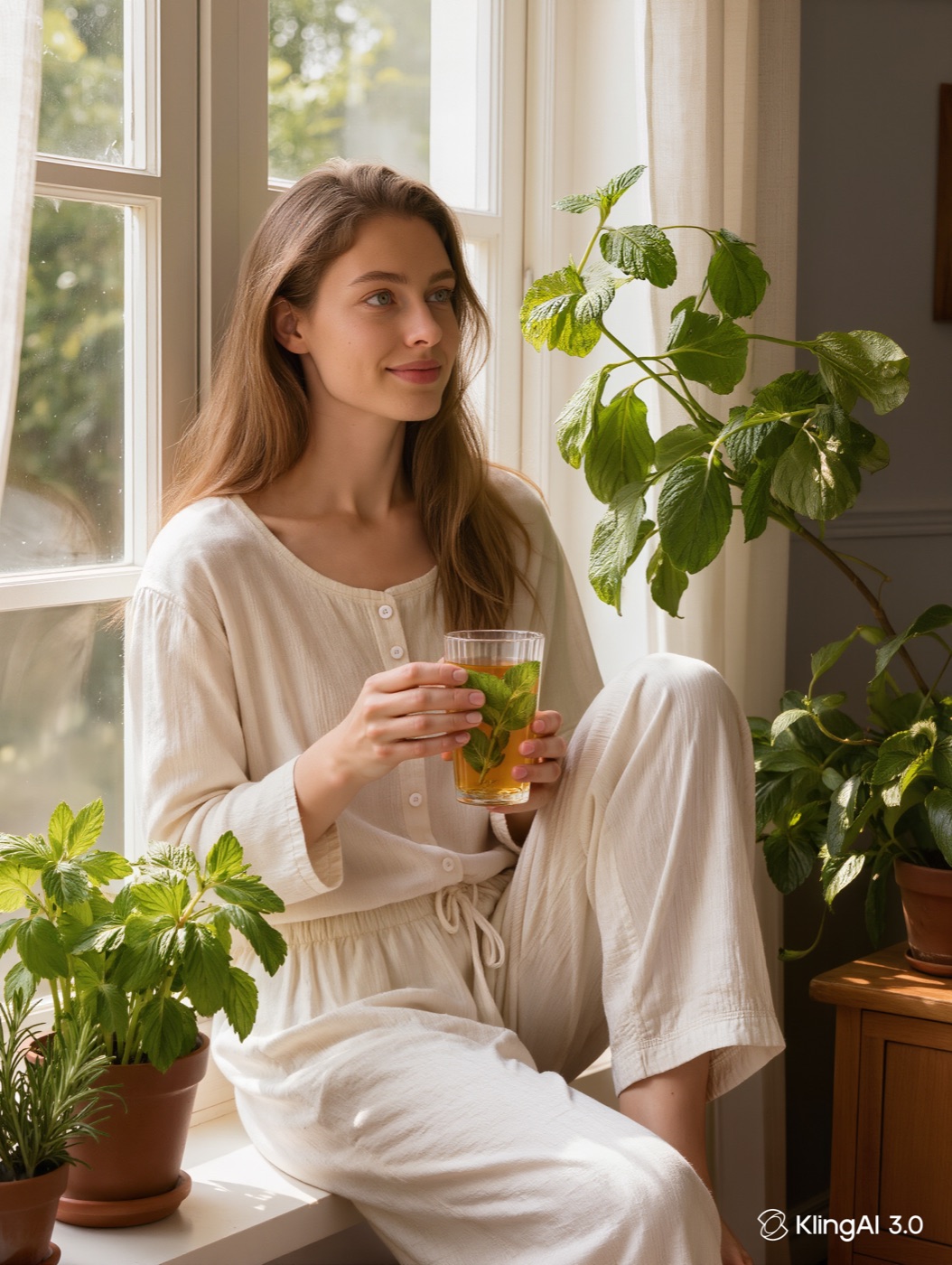 Woman in comfortable loungewear relaxing with a glass of herbal tea by a bright window