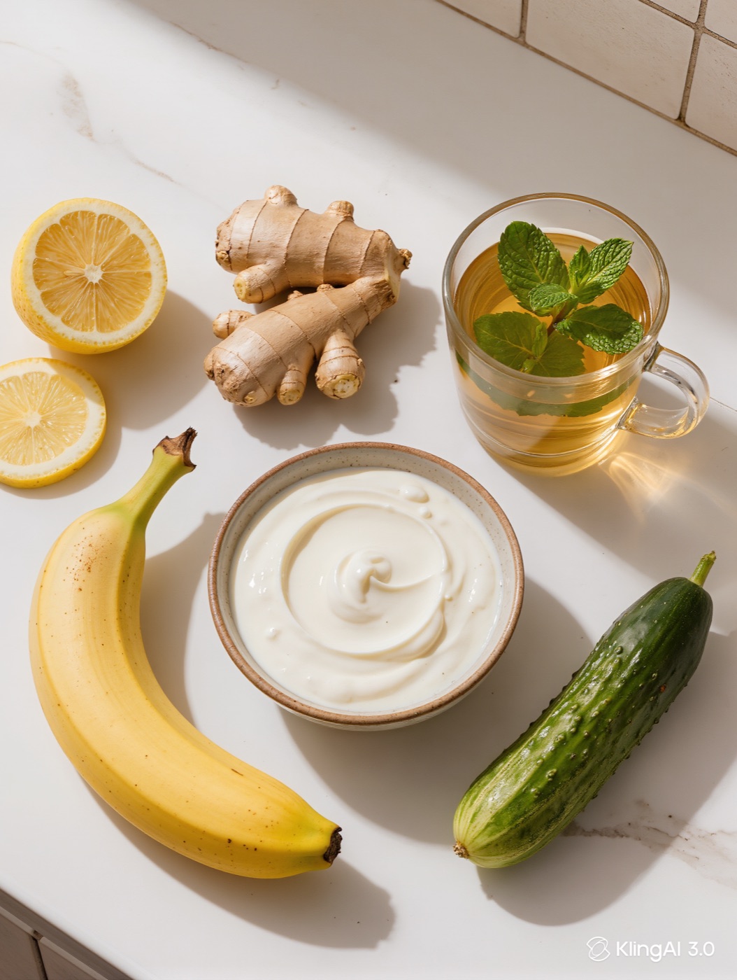 Flat-lay of anti-bloat foods and drinks including ginger, peppermint tea, banana, yogurt, and lemon water