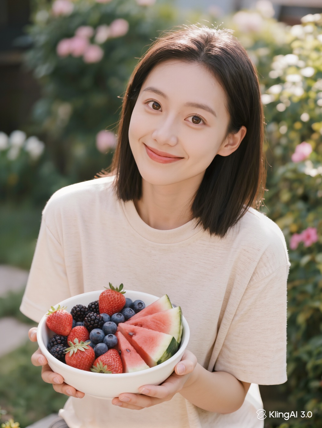 Woman with healthy, glowing skin holding a bowl of colorful summer fruits and berries
