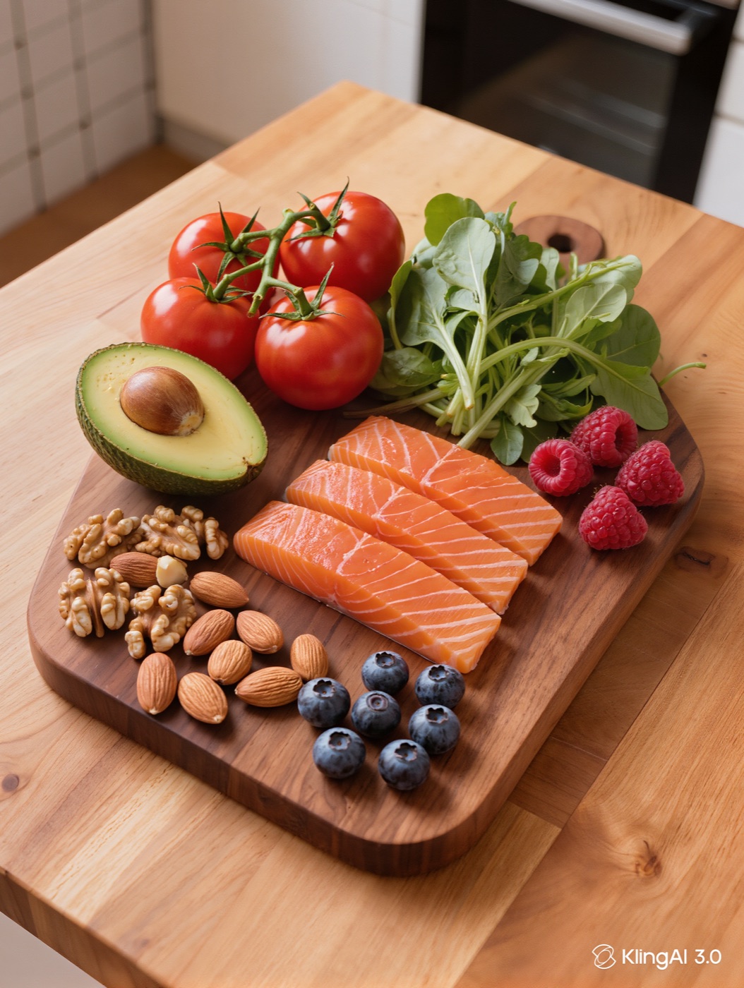 Overhead flat-lay of skin-friendly foods including avocado, salmon, tomatoes, leafy greens, nuts, and berries
